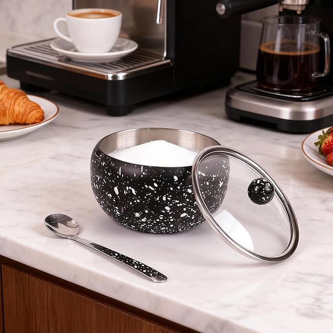 holoith Sugar Container with Glass Lid and Spoon, 16oz Snowflake pattern Stainless Steel Sugar Bowl for Coffee Bar Station Accessories Kitchen Storage for Salt, Candy, Coffee Bean (Black) - Image 2