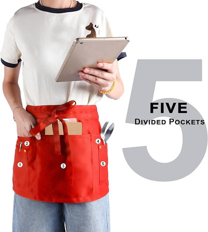 Server Apron with 5 Pockets - Rivet buckle Unisex Short/Half Waiter Waist Short Apron