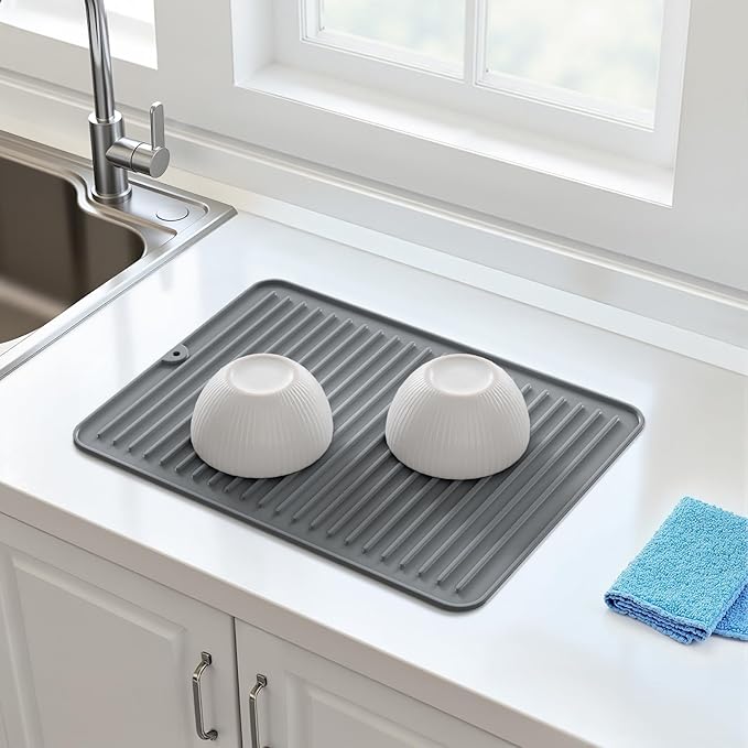Songrey 14" x 10" Silicone Dish Drying Mat, Kitchen Counter Drying Pad for Sink Dishes or Under Rack, Multi-Use as Heat Resistant Trivet, Coffee Bar Mat - Image 3