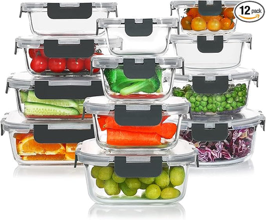 KOMUEE 24 Pieces Glass Food Storage Containers Set, Meal Prep Containers, BPA-Free Airtight Glass Storage Containers with lids,Freezer, Microwave and Oven Safe,Gray