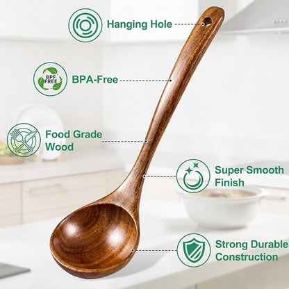 Wooden Ladles for Cooking, 2-Piece Soup Ladle & Pasta Spoon Set, Natural Teak Wood Soup Ladle and Slotted Spaghetti Spoon for Cooking, Serving and Stirring - Image 3