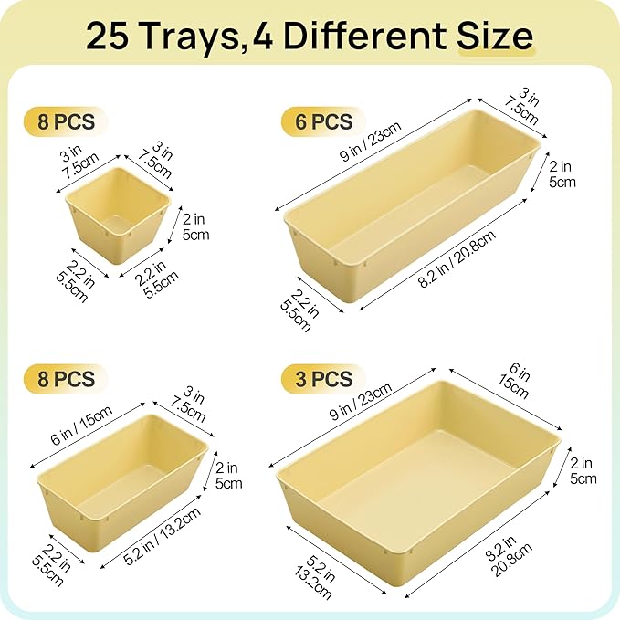 Vtopmart 25 PCS Plastic Drawer Organizers Set, 4-Size Versatile Bathroom and Vanity Drawer Organizer Trays, Storage Bins for Makeup, Bedroom, Kitchen Gadgets Utensils and Office - Image 2