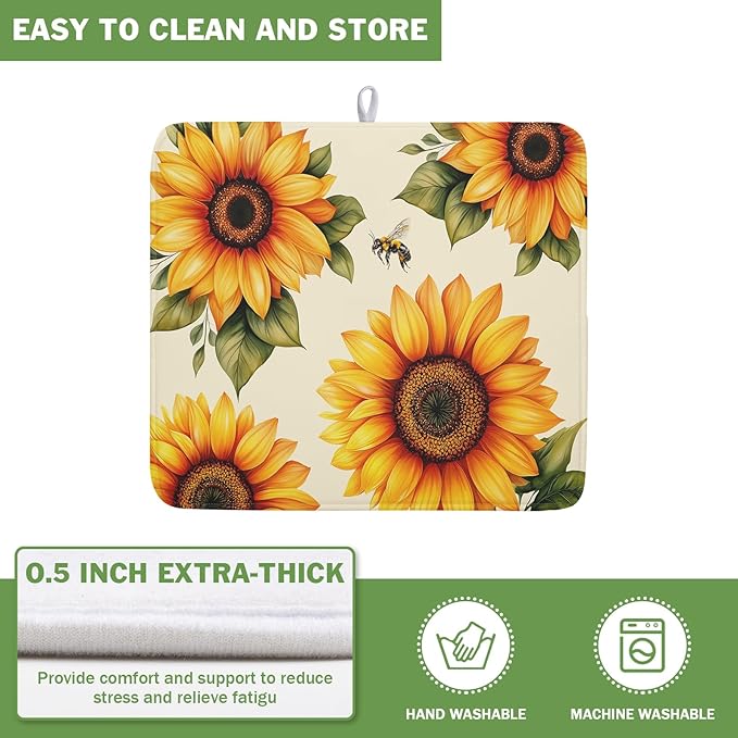 Spring Summer Dish Drying Mat 16x18 Inch Absorbent Reversible Sunflower Drying Mat Sunflower Bee Dish Drying Rack Mat Yellow Summer Themed Dish Drainer Mat for Kitchen Counter Coffee Bar
