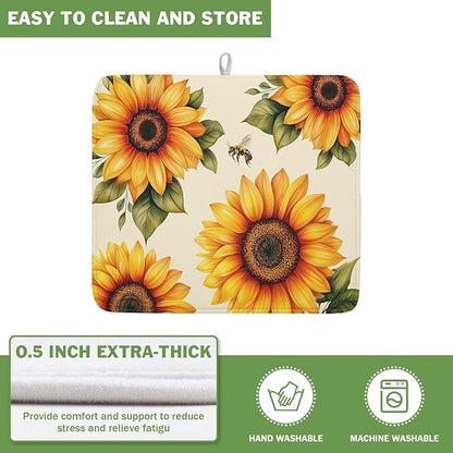 Spring Summer Dish Drying Mat 16x18 Inch Absorbent Reversible Sunflower Drying Mat Sunflower Bee Dish Drying Rack Mat Yellow Summer Themed Dish Drainer Mat for Kitchen Counter Coffee Bar