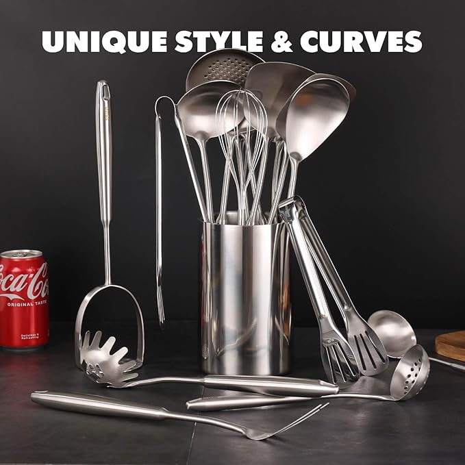 18/10 Stainless Steel Cooking Utensils Set - 16 PCS All Metal Serving Utensils, Kitchen Tools - Whisk, Masher, Fork, Tongs, Solid/Slotted Spoon, Spatula, Turner, Ladle, Skimmer, Pasta, Large Spoon Set - Image 3
