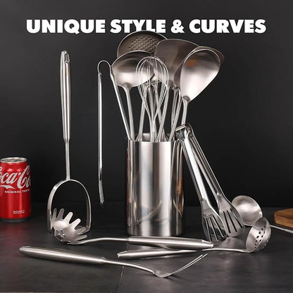 18/10 Stainless Steel Cooking Utensils Set - 16 PCS All Metal Serving Utensils, Kitchen Tools - Whisk, Masher, Fork, Tongs, Solid/Slotted Spoon, Spatula, Turner, Ladle, Skimmer, Pasta, Large Spoon Set - Image 3