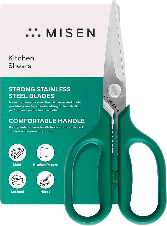Misen Heavy Duty Kitchen Shears - Comfortable Ambidextrous Scissors for Meat, Poultry, Herbs & More - Easy to Clean - German Stainless Steel - Small | Green by Misen