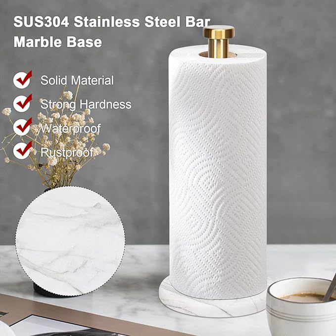 NearMoon Standing Paper Towel Holder, Kitchen Paper Towel Tissue Holder- for Bathroom Kitchen Countertop, Standard or Jumbo-Sized Roll Paper (with Marble Base, Brushed Gold) - Image 4