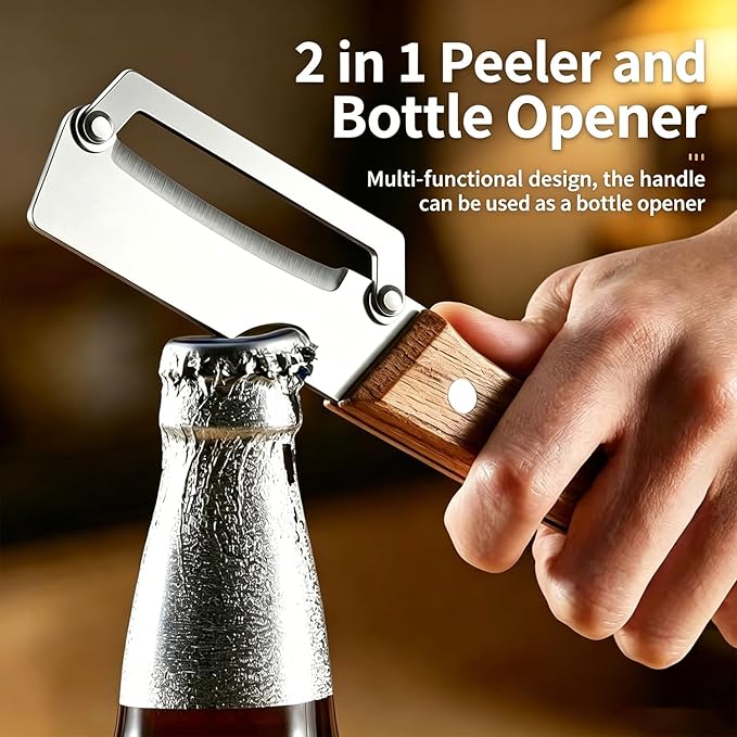 2-in-1 Multifunctional Vegetable Peeler, Premium Vegetable Peeler with Wooden Handle and Bottle Opener, Kitchen Tool for Fruit Apple Potato Pumpkin Papaya (1PC) - Image 5