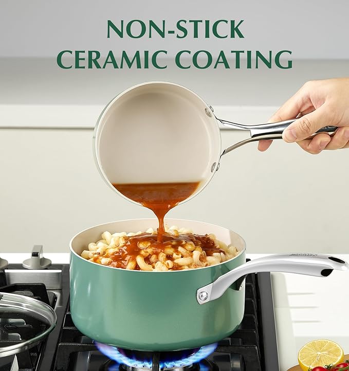 KOCH SYSTEME CS Nonstick Sauce Pan with Lid 1QT, 2QT & 3QT, Ceramic Saucepan Set 6Pcs, Non-Toxic Saucepan Set, Cooking Pots Set, Oven Safe & Induction Compatible, Green - Image 2