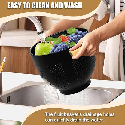 Colander for Kitchen - Strainers and Colanders - 6 Quart Large Metal Colander with Wood Handle - Food Strainer Basket for Draining Pasta, Vegetable & fruit, Kitchen Gadgets Matte Black