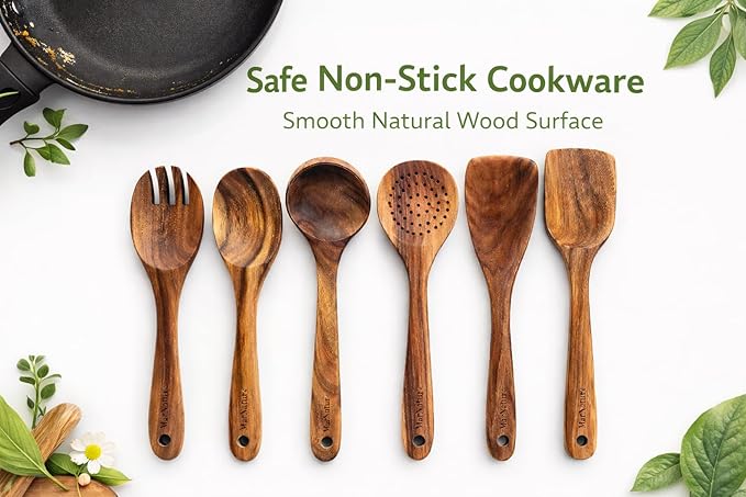 Teak Wood Kitchen Utensils Set – 6 Piece, Sustainable Teak Cooking Utensils, Non-Stick Safe, Heat Resistant Wooden Spoons & Spatulas