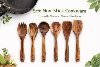 Teak Wood Kitchen Utensils Set – 6 Piece, Sustainable Teak Cooking Utensils, Non-Stick Safe, Heat Resistant Wooden Spoons & Spatulas