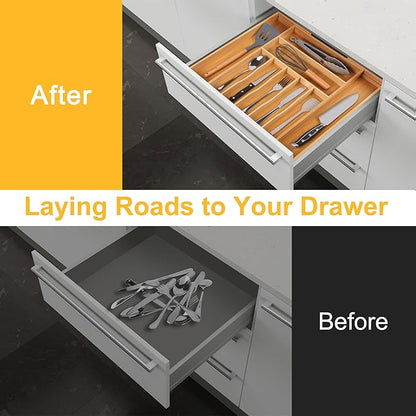 Large Premium Bamboo Silverware Organizer - Expandable Drawer Organizer & Utensil Organizer - 17"x19.7" Cutlery Tray with Dividers for Kitchen Utensils and Flatware (7-9 Slots) (Natural) - Image 3