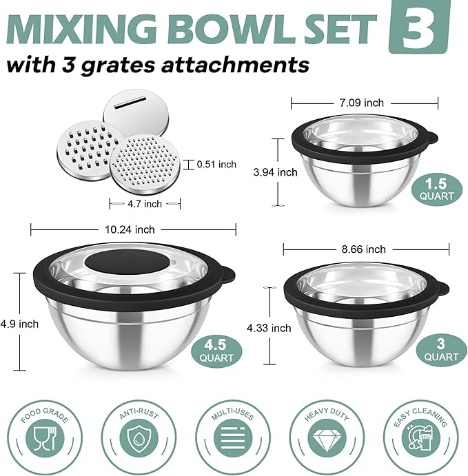 TeamFar Mixing Bowls, 3PCS Stainless Steel Serving Salad Bowls with Lids & 3 Graters, For Kitchen Mixing/Baking/Storing/Prepping, Visible & Airtight, Easy Clean - 4.5/3 / 1.5 QT, Black - Image 2