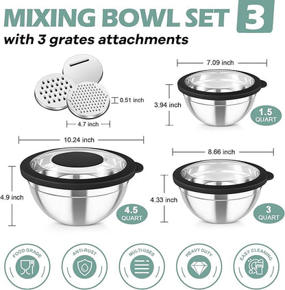 TeamFar Mixing Bowls, 3PCS Stainless Steel Serving Salad Bowls with Lids & 3 Graters, For Kitchen Mixing/Baking/Storing/Prepping, Visible & Airtight, Easy Clean - 4.5/3 / 1.5 QT, Black - Image 2