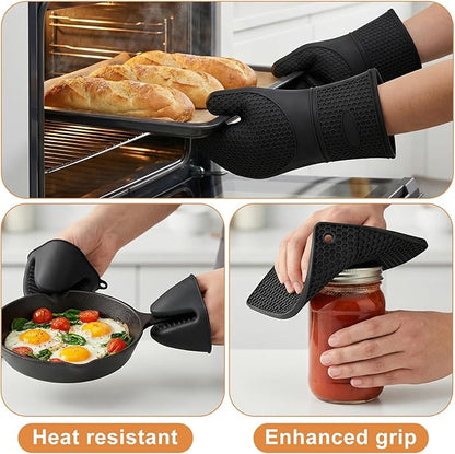 6 Pcs Oven Mitts and Pot Holders Sets for Kitchen, Extra Long Silicone Oven Gloves High Heat Resistant 500 Degrees Non-Slip Potholders Hot Pads for Baking Cooking (Black) - Image 4