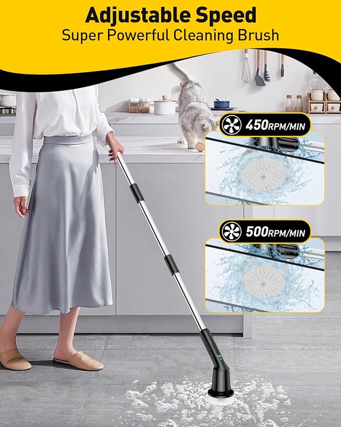 Electric Spin Scrubber for Cleaning Bathroom, Shower Scrubber Rotary Floor Brushes with IPX7 Waterproof & 2 Speed, 3 Brush Heads, Bathroom Cleaning Supplies for Toilet Shower Tub Sooty