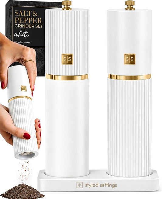 Wooden Salt and Pepper Grinder Set – Refillable Manual Salt and Pepper Mills with Adjustable Ceramic Burrs, Gold Detailing, and Wood Stand – White by STYLEDSETTINGS