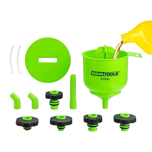 OEMTOOLS 87043 No-Spill Professional Quality Coolant Funnel Kit, Easily Fill Antifreeze Coolant Set Includes 5 Adapters, Extensions, and Automotive Funnel, Air Venting, Drip-Free, Green by OEMTOOLS
