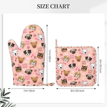 Cute Dog Oven Mitts and Pot Holders Set, Puppy Kitchen Accessories Heat Resistant to 500°F, Non-Slip Silicone Grips for Baking, Cooking, Grilling, BBQ - Gift for Dog Lovers