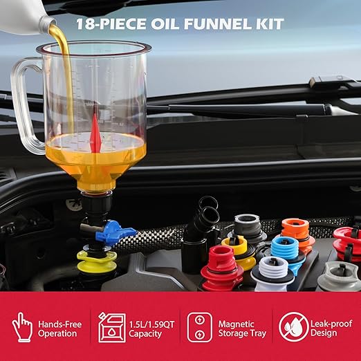 18-Piece Engine Oil Funnel Kit, 1.59QT/1.5L Automotive Oil Funnel Set with 12 Adapters, Elbow Fitting, Arrow Screen and Magnetic Storage Hooks Tray, Compatible with GM, Ford, BMW, Audi, Land Rover Etc - Image 2