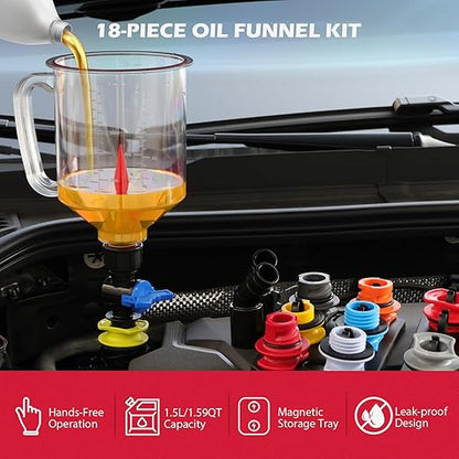 18-Piece Engine Oil Funnel Kit, 1.59QT/1.5L Automotive Oil Funnel Set with 12 Adapters, Elbow Fitting, Arrow Screen and Magnetic Storage Hooks Tray, Compatible with GM, Ford, BMW, Audi, Land Rover Etc - Image 2