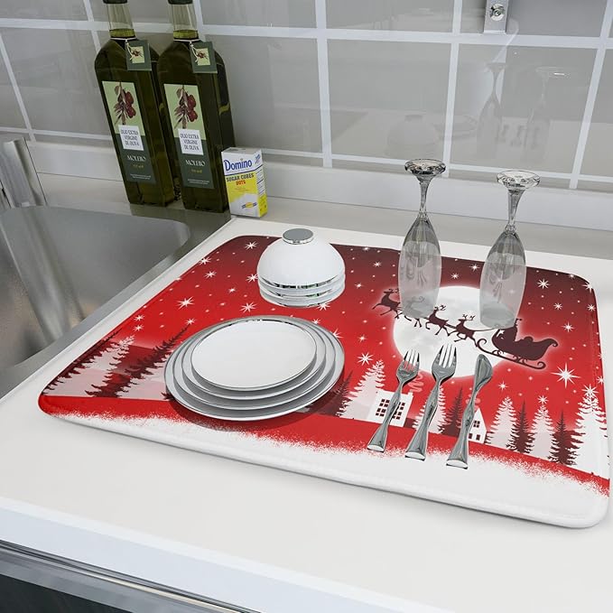 Christmas Reindeer Moon Star Red Dish Drying Mat for Kitchen Counter,White Xmas Tree Castle Drying Mat 18 x 24 Inch with Absorbent Reversible Microfiber Dish Drying Pad for Coffee Bar - Image 6