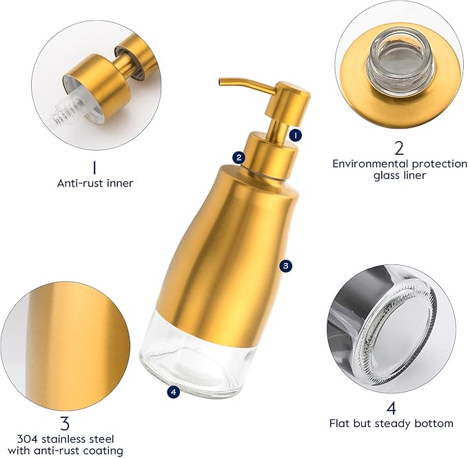 Gaussra Soap Dispenser with Coaster and Stickers, Brushed Gold Stainless Steel Glass Hand Pump Dispenser, Anti Rust Bottle, for Kitchen & Bathroom Detergent Bottle，Refillable Hand Liquid Dispenser - Image 5