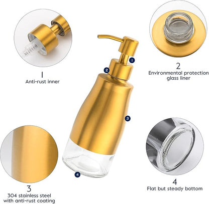 Gaussra Soap Dispenser with Coaster and Stickers, Brushed Gold Stainless Steel Glass Hand Pump Dispenser, Anti Rust Bottle, for Kitchen & Bathroom Detergent Bottle，Refillable Hand Liquid Dispenser - Image 5