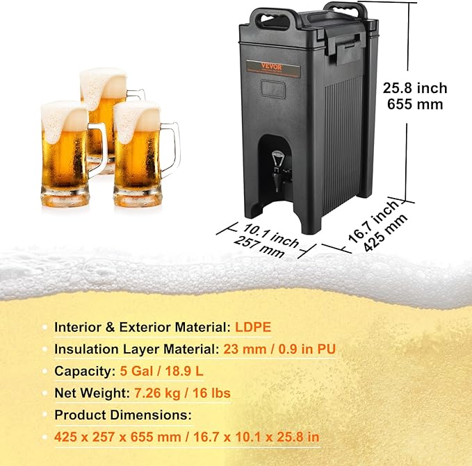 VEVOR Insulated Beverage Dispenser, 5 Gallon, Food-grade LDPE Hot and Cold Beverage Server, Thermal Drink Dispenser Cooler with 0.9 in PU Layer Two-Stage Faucet Handle, for Restaurant Drink Shop - Image 7