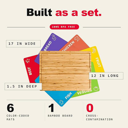 Cooler Kitchen Personalized Cutting Board Set - Custom Engraved Bamboo Charcuterie Board Set with 6 Color-Coded Mats — Engagement Gift, Wedding Gift, Housewarming Gift for Couples & Newlyweds - Large - Image 6