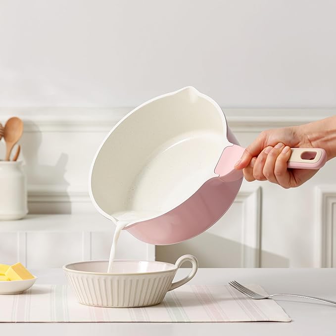 SENSARTE Ceramic Nonstick Saucepan with Double Pouring Spout 3.0 Quarts, Cooking Pot with Stay Cool Handle, Induction Compatible, Ceramic Coating, Free of Intentionally Added PFOA/PFAS, Pink