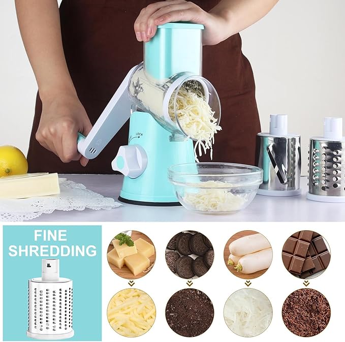 Cambom Rotary Cheese Grater Hand Crank Cheese Shredder for Fresh Cheese, Vegetable, Nuts,Non-slip Suction Base, Free Cleaning Brush Three Blades, Blue - Image 3