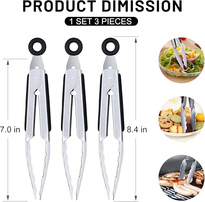 Hotec Mini Stainless Steel Kitchen Tongs for Cooking - 7-Inch Small Serving Tongs Metal Food Tongs Non-Slip Grip - Image 2