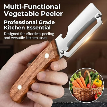 MultiFunctional Vegetable Peeler for Kitchen, Vegetable Peeler with Wooden Handle and Bottle Opener, 2-in-1 Stainless Steel Kitchen Peelers for Fruit Veggie Apple Potato Pumpkin Papaya(2PCS) - Image 4
