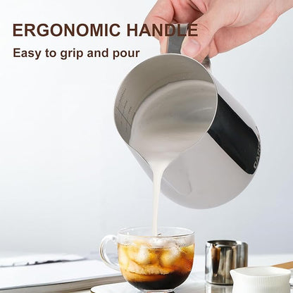 Milk Frothing Pitcher, 32oz Stainless Steel Milk Frother Cup Steaming Pitcher, Coffee Bar Cappuccino Espresso Machine Accessories Barista Tools, Metal Pitcher Milk Jug with Decorating Latte Art Pen