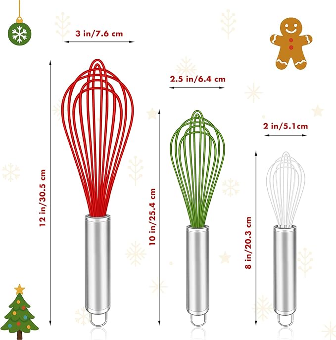 OYV Christmas Whisk Set – 3 Sizes (12”, 10”, 8”) – Holiday Red, Green & White Stainless Steel Whisks for Baking, Cooking & Mixing, Christmas Gift for Bakers & Home Chefs - Image 5