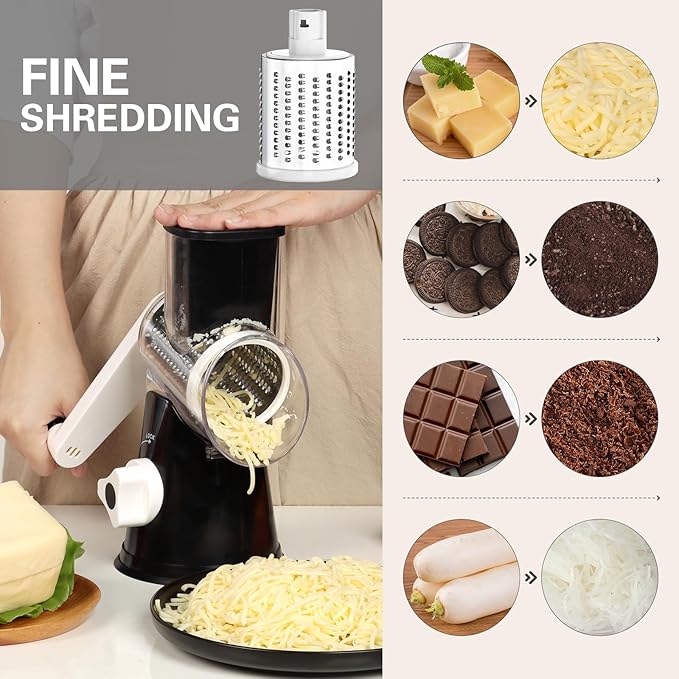 Cambom Rotary Cheese Grater Hand Crank Cheese Shredder for Fresh Cheese, Vegetable, Nuts,Non-slip Suction Base, Three Blades, Black - Image 4