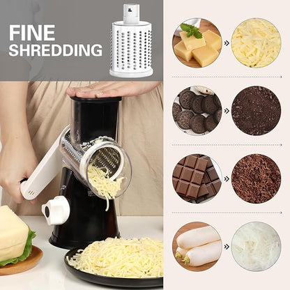 Cambom Rotary Cheese Grater Hand Crank Cheese Shredder for Fresh Cheese, Vegetable, Nuts,Non-slip Suction Base, Three Blades, Black - Image 4