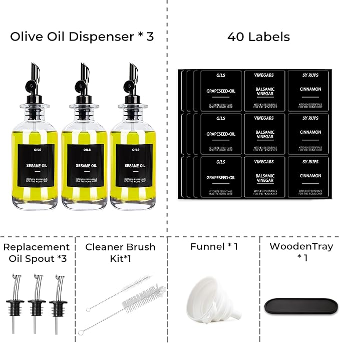 3PCS Olive Oil Dispenser Bottle For Kitchen, Soy Sauce Dispenser, Glass Oil and Vinegar Dispenser Set W. Wooden Tray & Labels & 3 Replacement Spouts, Coffee Syrup Dispenser(Clear) - Image 6