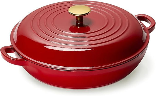 CAROTE 3.4QT Enameled Cast Iron Braiser Pan, Shallow Dutch Oven Casserole Skillets, Non-Toxic Cast Iron Pot with Lid for Grilling, Searing, Baking, Dual Handles, All Stovetop Compatible, Red