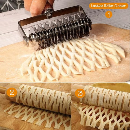 Stainless Steel Lattice Roller Cutter With Wood Handle - Dough Baking Tool for Cookie, Pie, Pizza, Bread, Pastry Crust - Household Time-Saver for Biscuits