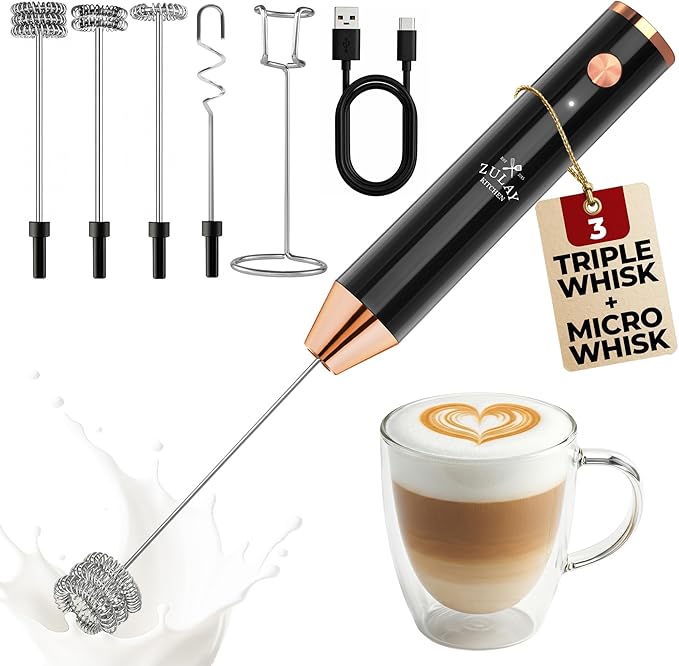 Zulay Kitchen Rechargeable Milk Frother Handheld - Lux 4 Whisks, Powerful 2-Speed Motor, Waterproof, 2000mAh Battery - Drink Mixer for Latte, Cappuccino, Matcha & Protein Powder - Dark Copper by ZulayKitchen