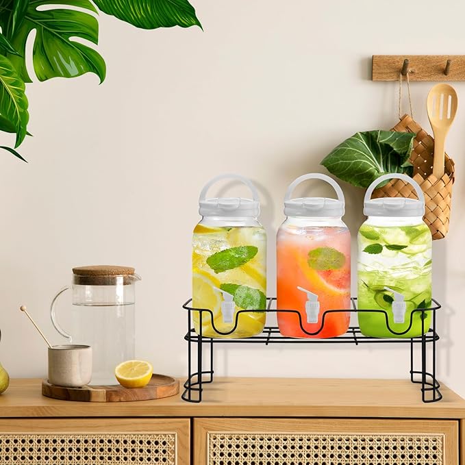 Tanlade 3 Pcs Plastic Drink Dispenser with Stand Beverage Dispenser with Sturdy Metal Base Juice Dispensers for Parties Lemonade Jar Spigot for Weddings Countertop, Each 1 Gallon(White)