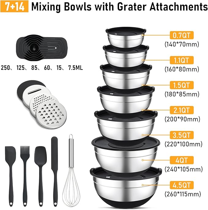 Unokit Mixing Bowls with Lids Set - 7 Pcs Stainless Steel Mixing Bowls with 3 Grater Attachments, Non-Slip Silicone Base Mixing Bowl Set for Kitchen - Image 2