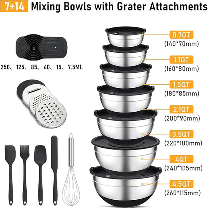 Unokit Mixing Bowls with Lids Set - 7 Pcs Stainless Steel Mixing Bowls with 3 Grater Attachments, Non-Slip Silicone Base Mixing Bowl Set for Kitchen - Image 2