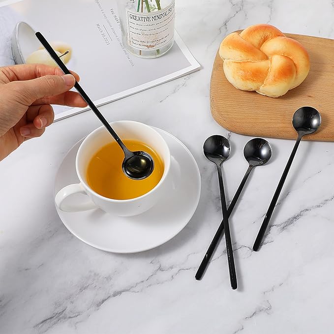 Gjinxi 4pc Satin Black Stainless Steel Coffee Spoons, 6.7 Inch Mini Teaspoons Set, Iced Tea & Espresso Stirrer, Matte Black Teaspoons, Dessert & Large Round Head Spoon