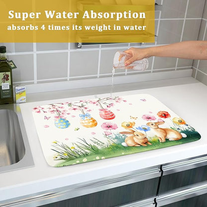 Giwawa Easter Bunny Dish Drying Mat, Spring Rabbits Eggs Hunt Dish Drainer Mats for Kitchen Countertop, Watercolor Floral Absorbent Reversible Dish Drying Pad Decor, 18x24inches, Large