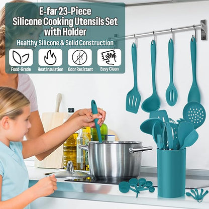 Silicone Kitchen Utensils Set, E-far 23 Pcs Blue Cooking Utensils Tools with Holder for Nonstick Cookware, Include Spatula/Spoon/Ladle/Tongs/Turner, Heat Resistant & Nontoxic, Dishwasher Safe - Image 6